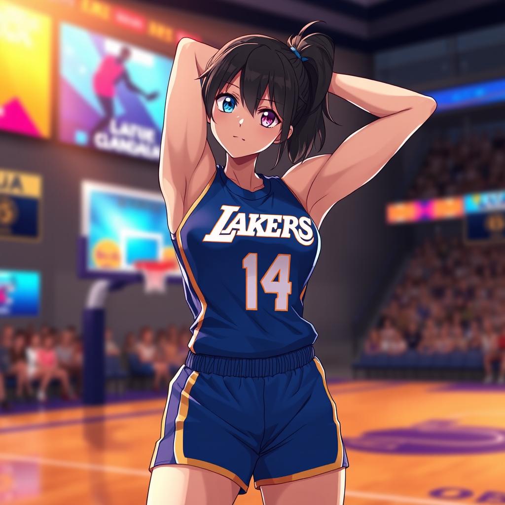 A muscular shy anime girl in a striking blue Los Angeles Lakers uniform, stretching with her arms elegantly positioned behind her head, showcasing her impressive six-pack abs and strong abdominal muscles