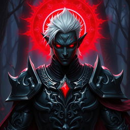 A male drow paladin depicted in dark, imposing armor adorned with intricate designs and silver accents, showcasing a blend of strength and elegance
