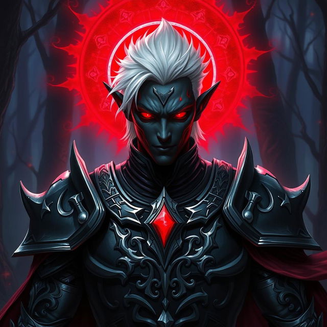 A male drow paladin depicted in dark, imposing armor adorned with intricate designs and silver accents, showcasing a blend of strength and elegance