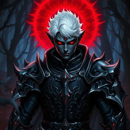 A male drow paladin depicted in dark, imposing armor adorned with intricate designs and silver accents, showcasing a blend of strength and elegance