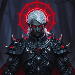 A male drow paladin depicted in dark, imposing armor adorned with intricate designs and silver accents, showcasing a blend of strength and elegance