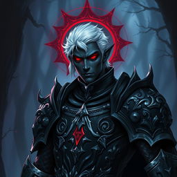 A male drow paladin depicted in dark, imposing armor adorned with intricate designs and silver accents, showcasing a blend of strength and elegance
