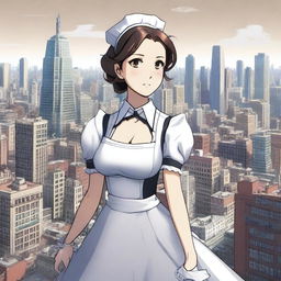 A high-quality digital art image showcasing a giant maid, towering over a cityscape