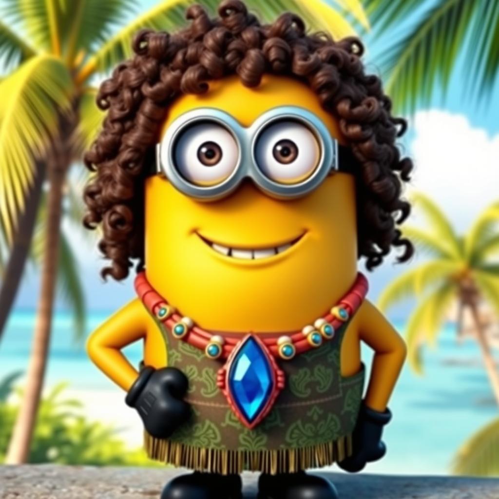 A Minion dressed as Moana, featuring curly hair styled to resemble Moana's iconic look