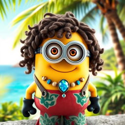 A Minion dressed as Moana, featuring curly hair styled to resemble Moana's iconic look