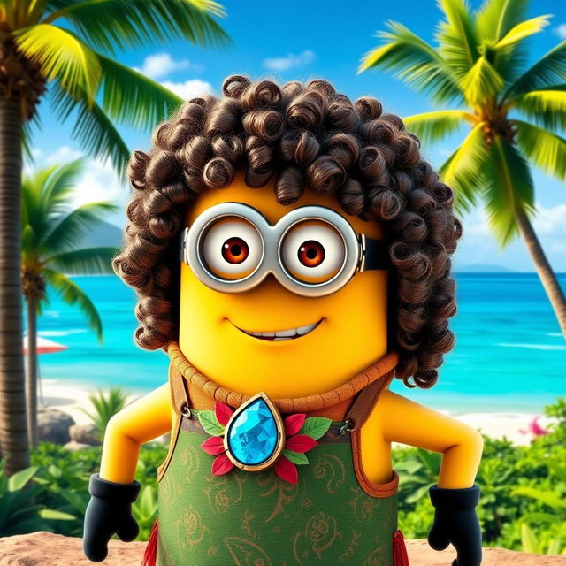 A Minion dressed as Moana, featuring curly hair styled to resemble Moana's iconic look