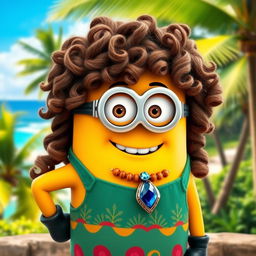 A Minion dressed as Moana, featuring curly hair styled to resemble Moana's iconic look