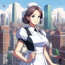 A high-quality digital art image showcasing a giant maid, towering over a cityscape