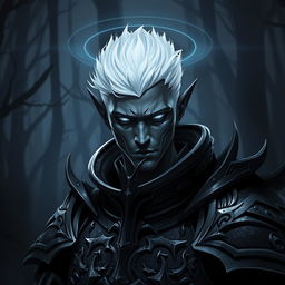 A male drow paladin portrayed in formidable dark armor, rich with intricate designs and sharp angles that convey both power and elegance
