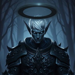 A male drow paladin portrayed in formidable dark armor, rich with intricate designs and sharp angles that convey both power and elegance