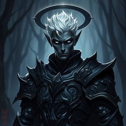A male drow paladin portrayed in formidable dark armor, rich with intricate designs and sharp angles that convey both power and elegance