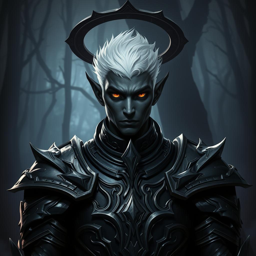 A male drow paladin portrayed in formidable dark armor, rich with intricate designs and sharp angles that convey both power and elegance