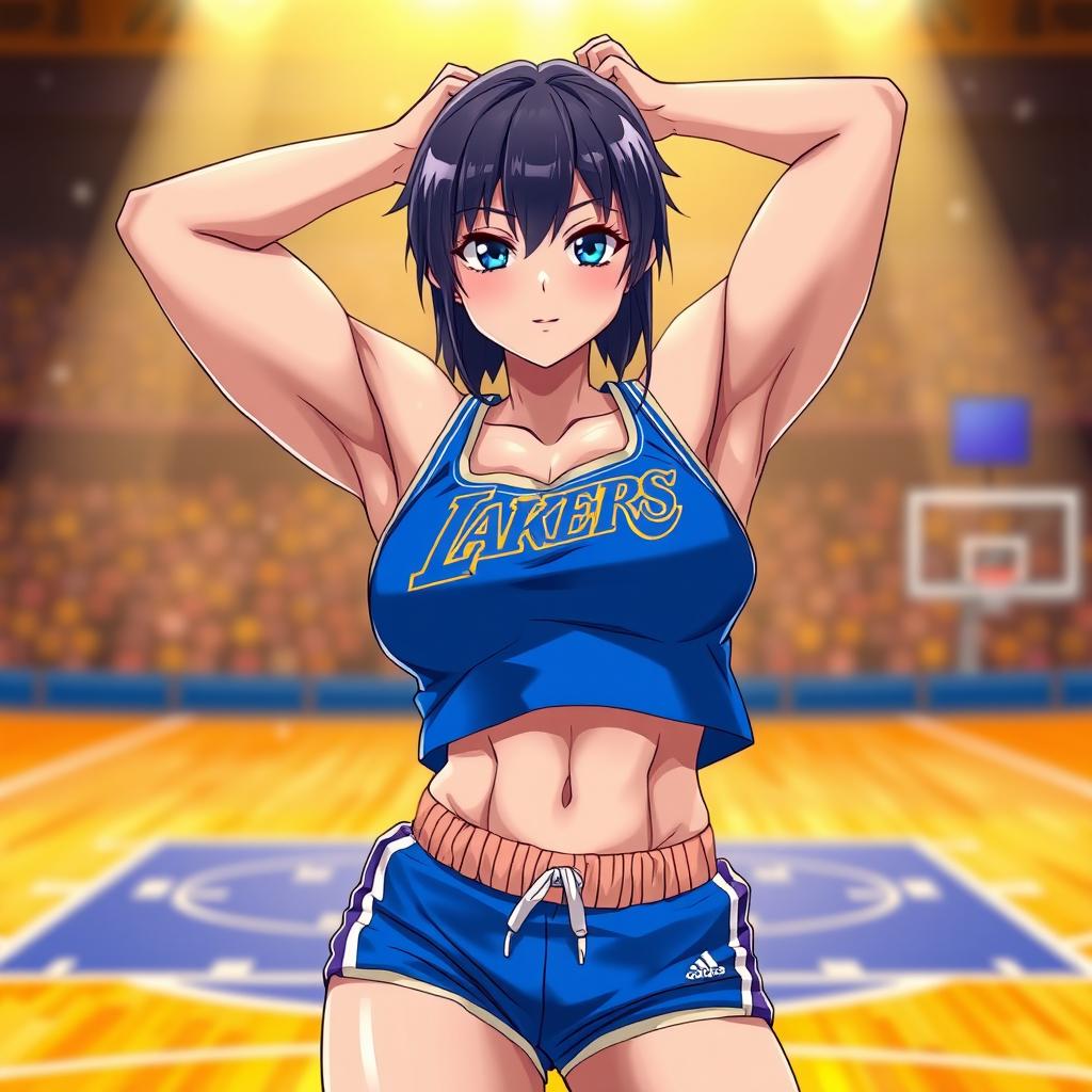 A muscular shy anime girl in a bold blue Los Angeles Lakers uniform, stretching with her arms positioned behind her head, showcasing her well-defined six-pack abs and strong abdominal muscles