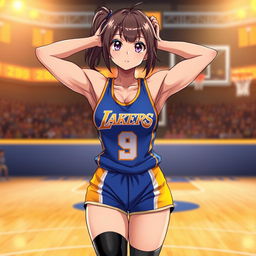 A muscular shy anime girl in a bold blue Los Angeles Lakers uniform, stretching with her arms positioned behind her head, showcasing her well-defined six-pack abs and strong abdominal muscles