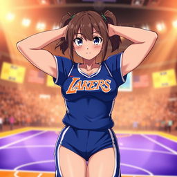 A muscular shy anime girl in a bold blue Los Angeles Lakers uniform, stretching with her arms positioned behind her head, showcasing her well-defined six-pack abs and strong abdominal muscles