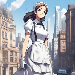 A high-quality digital art image showcasing a giant maid, towering over a cityscape