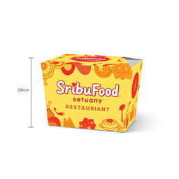 A vibrant and colorful take-out box design for a food restaurant named 'SribuFood Restaurant'