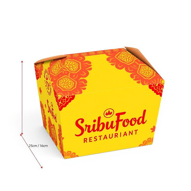 A vibrant and colorful take-out box design for a food restaurant named 'SribuFood Restaurant'
