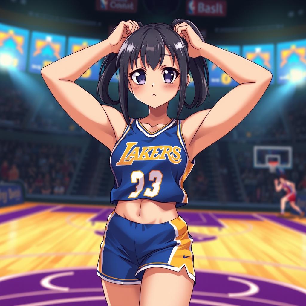 A shy anime girl in an eye-catching blue Los Angeles Lakers uniform, stretching with her arms positioned behind her head