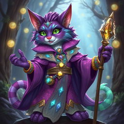 A flamboyant Tabaxi D&D sorcerer character standing proudly in a magical landscape
