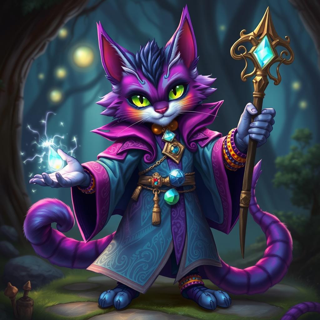 A flamboyant Tabaxi D&D sorcerer character standing proudly in a magical landscape