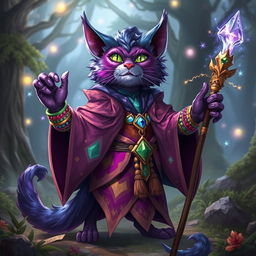 A flamboyant Tabaxi D&D sorcerer character standing proudly in a magical landscape