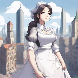 A high-quality digital art image showcasing a giant maid, towering over a cityscape