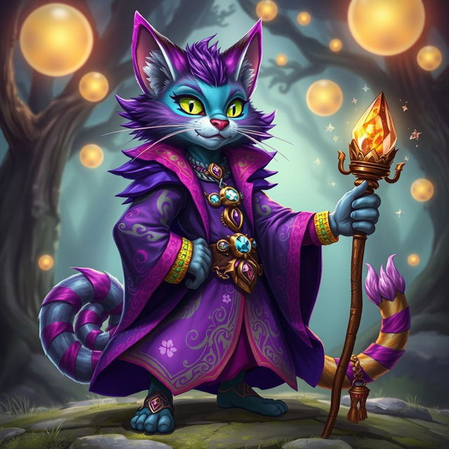 A flamboyant Tabaxi D&D sorcerer character standing proudly in a magical landscape