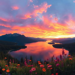 A stunning, wide-angle landscape featuring a breathtaking sunset over a tranquil lake, surrounded by lush forests and distant mountains