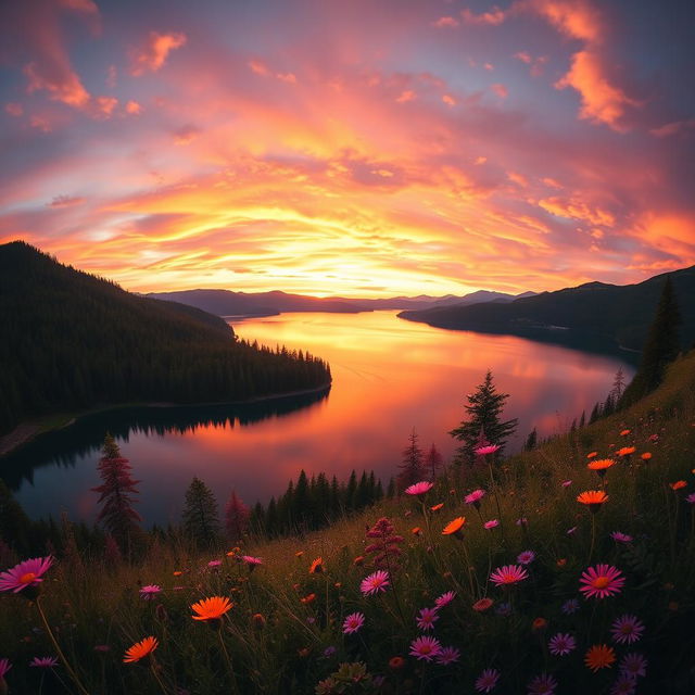 A stunning, wide-angle landscape featuring a breathtaking sunset over a tranquil lake, surrounded by lush forests and distant mountains