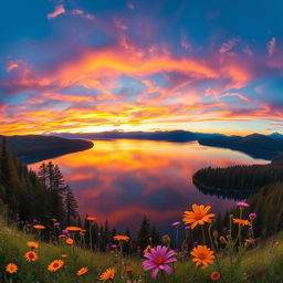 A stunning, wide-angle landscape featuring a breathtaking sunset over a tranquil lake, surrounded by lush forests and distant mountains