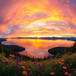 A stunning, wide-angle landscape featuring a breathtaking sunset over a tranquil lake, surrounded by lush forests and distant mountains