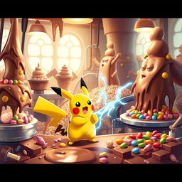 A whimsical scene featuring Pikachu in a vibrant chocolate factory, surrounded by large chocolate fountains, colorful candy wrappers, and towering chocolate sculptures