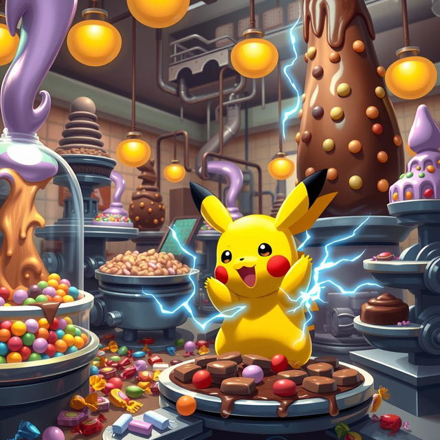 A whimsical scene featuring Pikachu in a vibrant chocolate factory, surrounded by large chocolate fountains, colorful candy wrappers, and towering chocolate sculptures