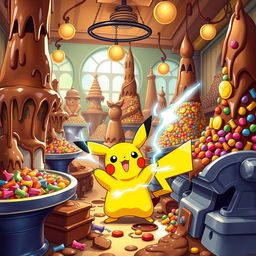 A whimsical scene featuring Pikachu in a vibrant chocolate factory, surrounded by large chocolate fountains, colorful candy wrappers, and towering chocolate sculptures