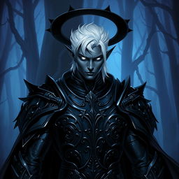 A male drow paladin depicted in sleek dark armor, featuring intricate designs that convey both elegance and menace