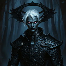 A male drow paladin depicted in sleek dark armor, featuring intricate designs that convey both elegance and menace