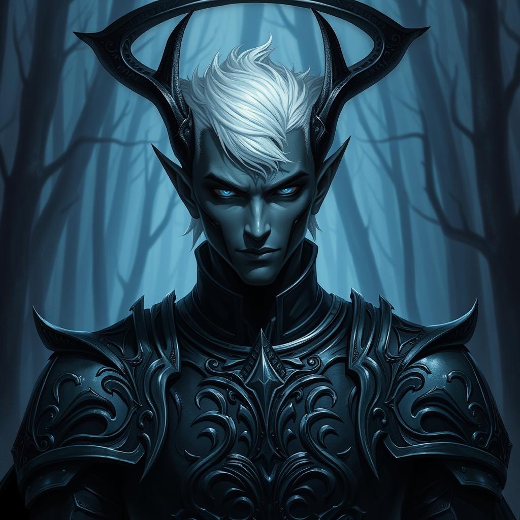 A male drow paladin depicted in sleek dark armor, featuring intricate designs that convey both elegance and menace