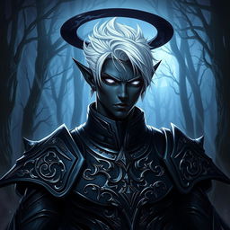 A male drow paladin depicted in sleek dark armor, featuring intricate designs that convey both elegance and menace