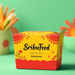A creative take-out box design for 'SribuFood Restaurant' that highlights Indonesian culture