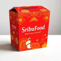 A creative take-out box design for 'SribuFood Restaurant' that highlights Indonesian culture