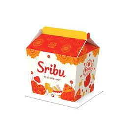 A creative take-out box design for 'SribuFood Restaurant' that highlights Indonesian culture