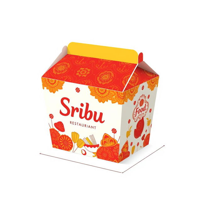 A creative take-out box design for 'SribuFood Restaurant' that highlights Indonesian culture