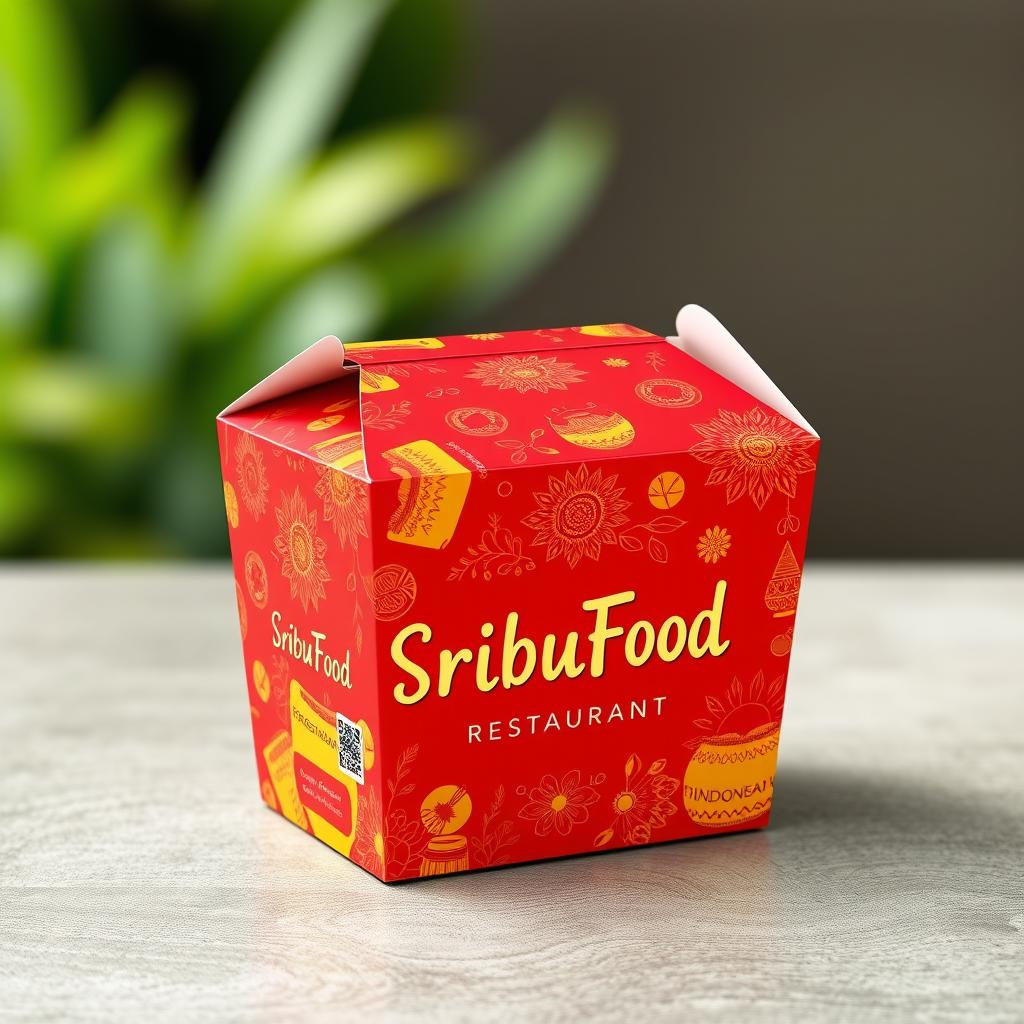 A creative take-out box design for 'SribuFood Restaurant' that highlights Indonesian culture