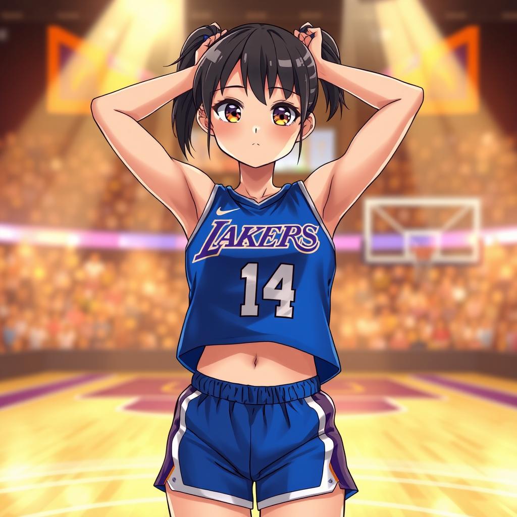A shy anime girl in a striking blue Los Angeles Lakers uniform, stretching with her arms placed behind her head