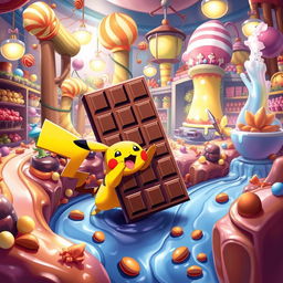 A whimsical scene of Pikachu in a colorful chocolate factory, surrounded by flowing rivers of chocolate, tall candy trees, and whimsical machinery producing various chocolate treats
