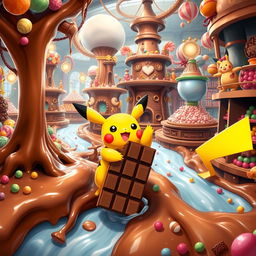 A whimsical scene of Pikachu in a colorful chocolate factory, surrounded by flowing rivers of chocolate, tall candy trees, and whimsical machinery producing various chocolate treats