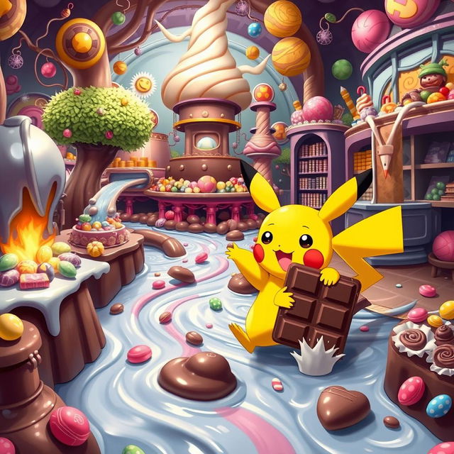 A whimsical scene of Pikachu in a colorful chocolate factory, surrounded by flowing rivers of chocolate, tall candy trees, and whimsical machinery producing various chocolate treats