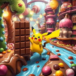 A whimsical scene of Pikachu in a colorful chocolate factory, surrounded by flowing rivers of chocolate, tall candy trees, and whimsical machinery producing various chocolate treats