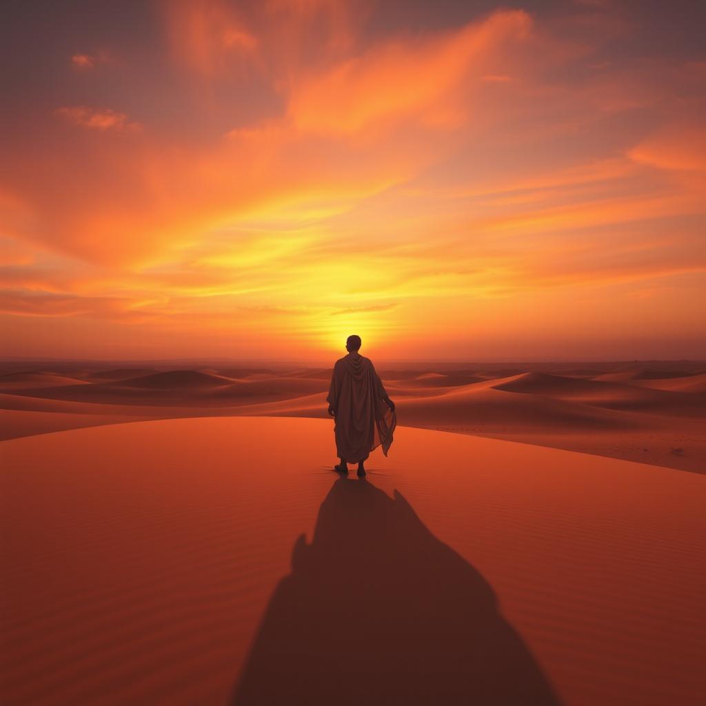 A solitary figure standing in a vast desert at sunset, with a dramatic long shadow stretching across the golden sand